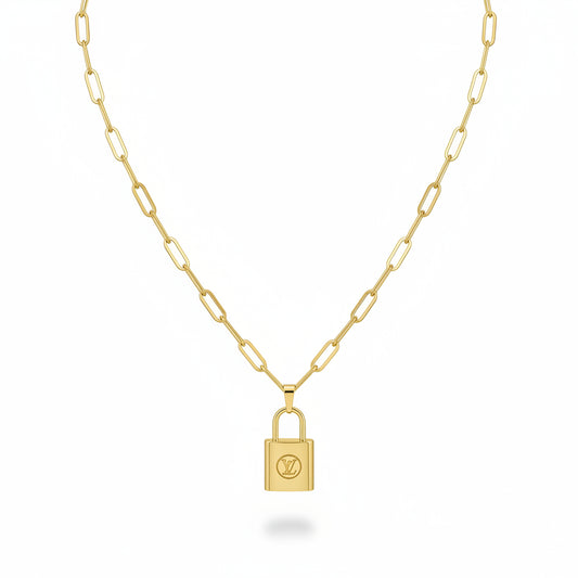 Golden Lock Charm Paperclip Necklace
