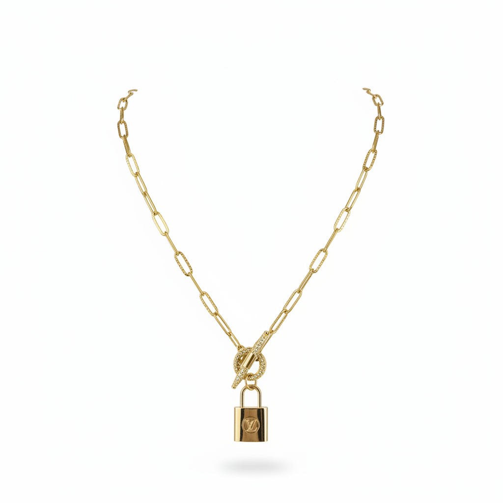 Pave Toggle Link Necklace with Lock Charm