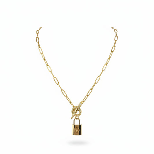 Pave Toggle Link Necklace with Lock Charm