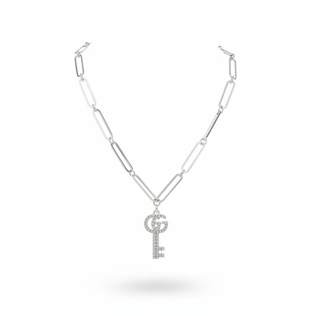 Pave Key Charm Paperclip Link Necklace