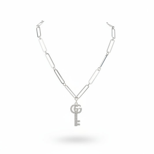 Pave Key Charm Paperclip Link Necklace