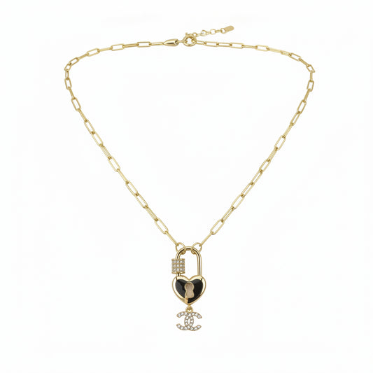 Pave Heart Lock Charm Link Necklace