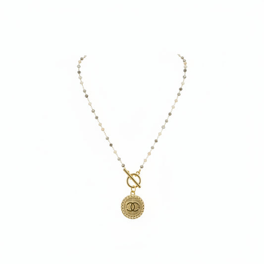 Neutral Beaded Rosary Toggle Necklace with Button Charm