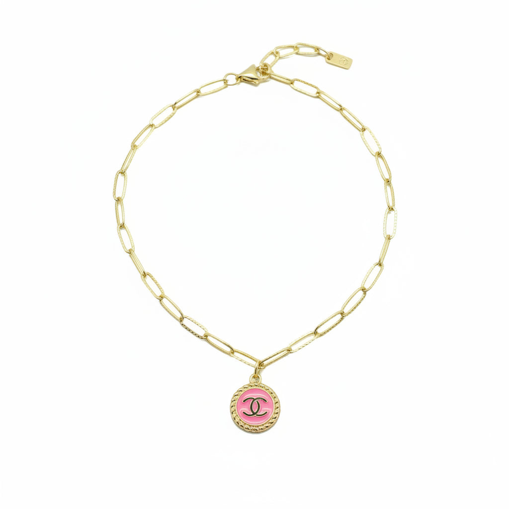 Pink Button Charm Link Necklace