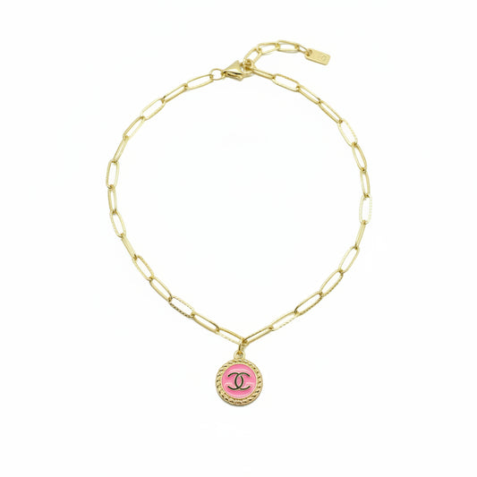 Pink Button Charm Link Necklace