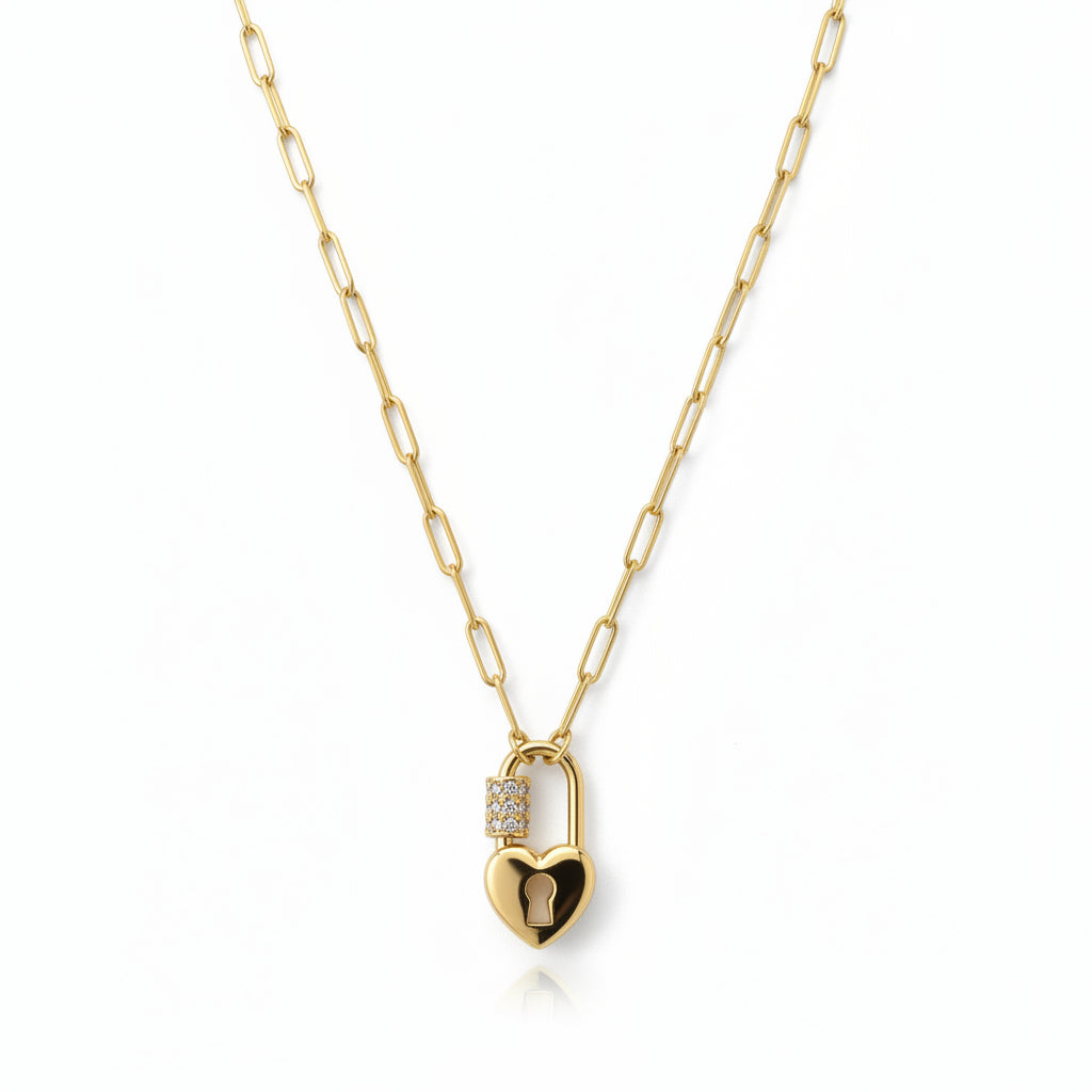 Paperclip Chain Necklace with Pave Heart Lock