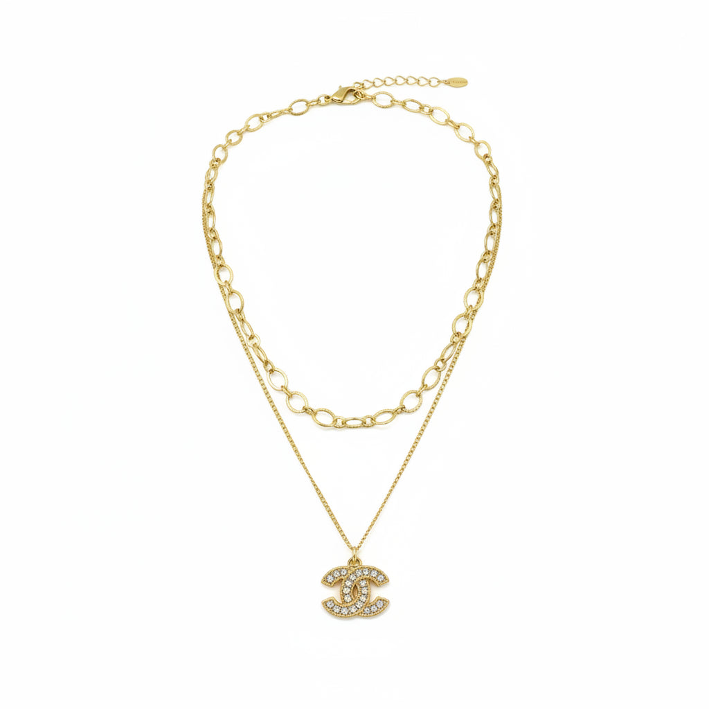 Layered Mixed Chain Necklace with Pave Icon Pendant