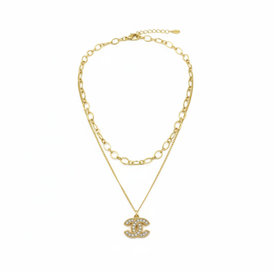 Layered Mixed Chain Necklace with Pave Icon Pendant
