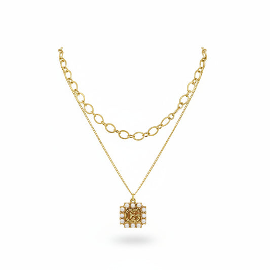 Layered Mixed Chain Necklace with Pearl Frame Pendant