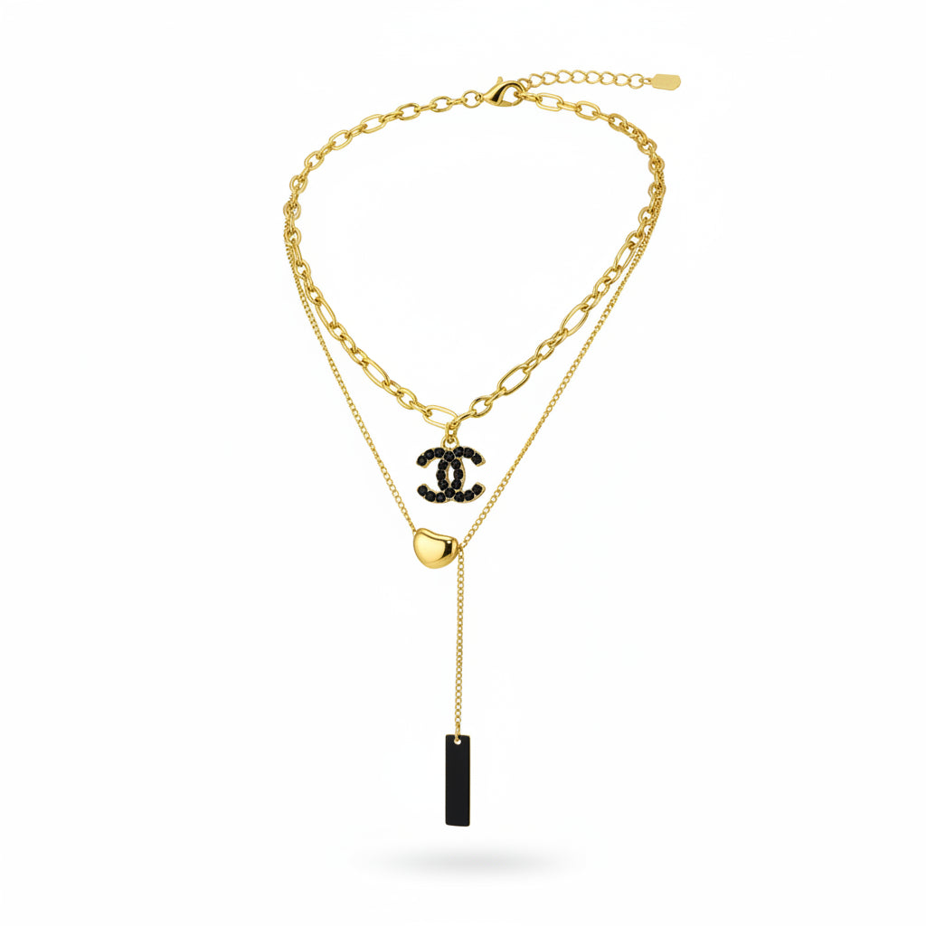 Layered Mixed Chain Necklace with Black Pave Icon Drop