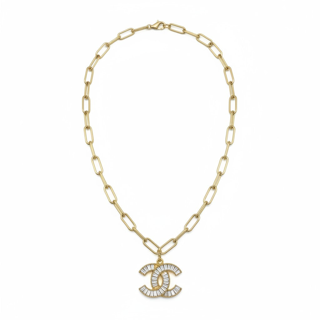 Gilded Rhinestone Icon Paperclip Chain Necklace