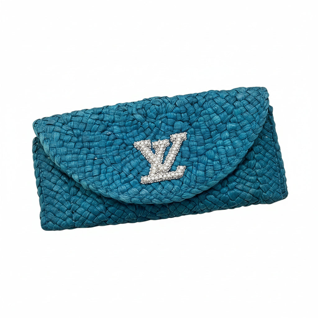 Blue Woven Clutch with Pearl Rhinestone LV Emblem