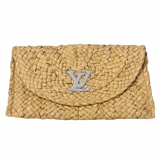 Natural Woven Clutch with Silver Rhinestone LV Emblem