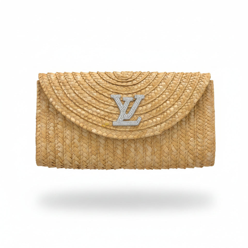 Natural Woven Clutch with Silver Rhinestone LV Emblem