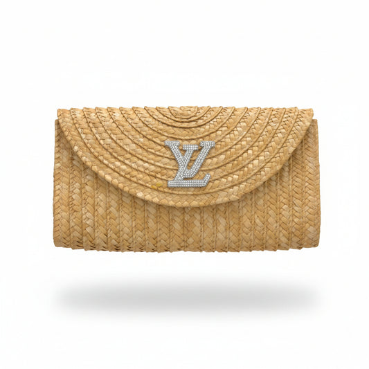 Natural Woven Clutch with Silver Rhinestone LV Emblem
