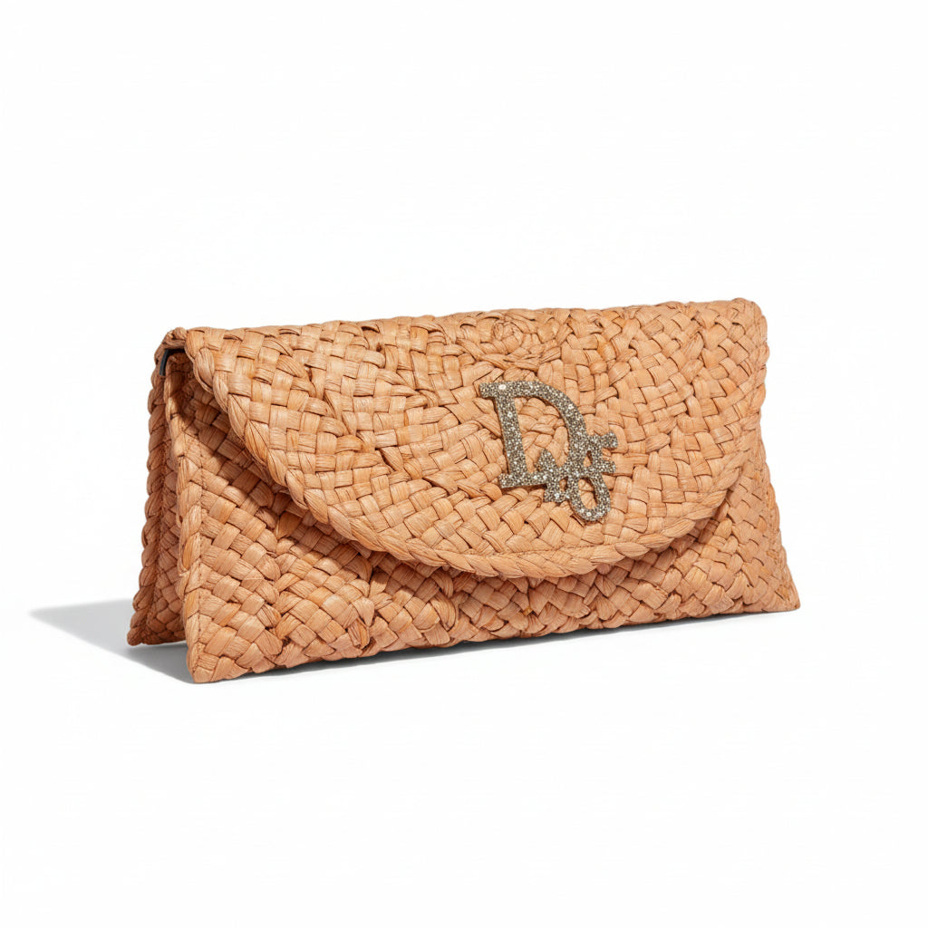 Woven Straw Clutch with Gold DIOR Bling Emblem