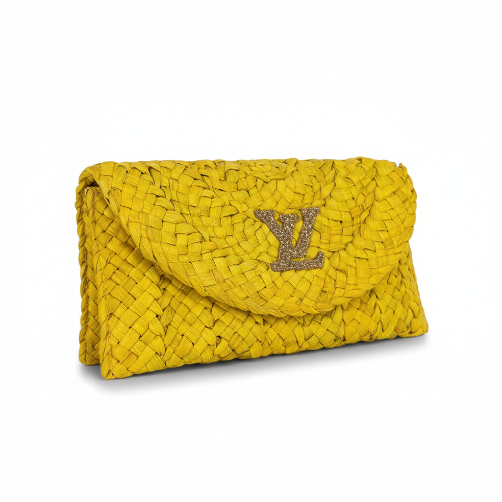 Yellow Woven Clutch with Gold Rhinestone LV Emblem