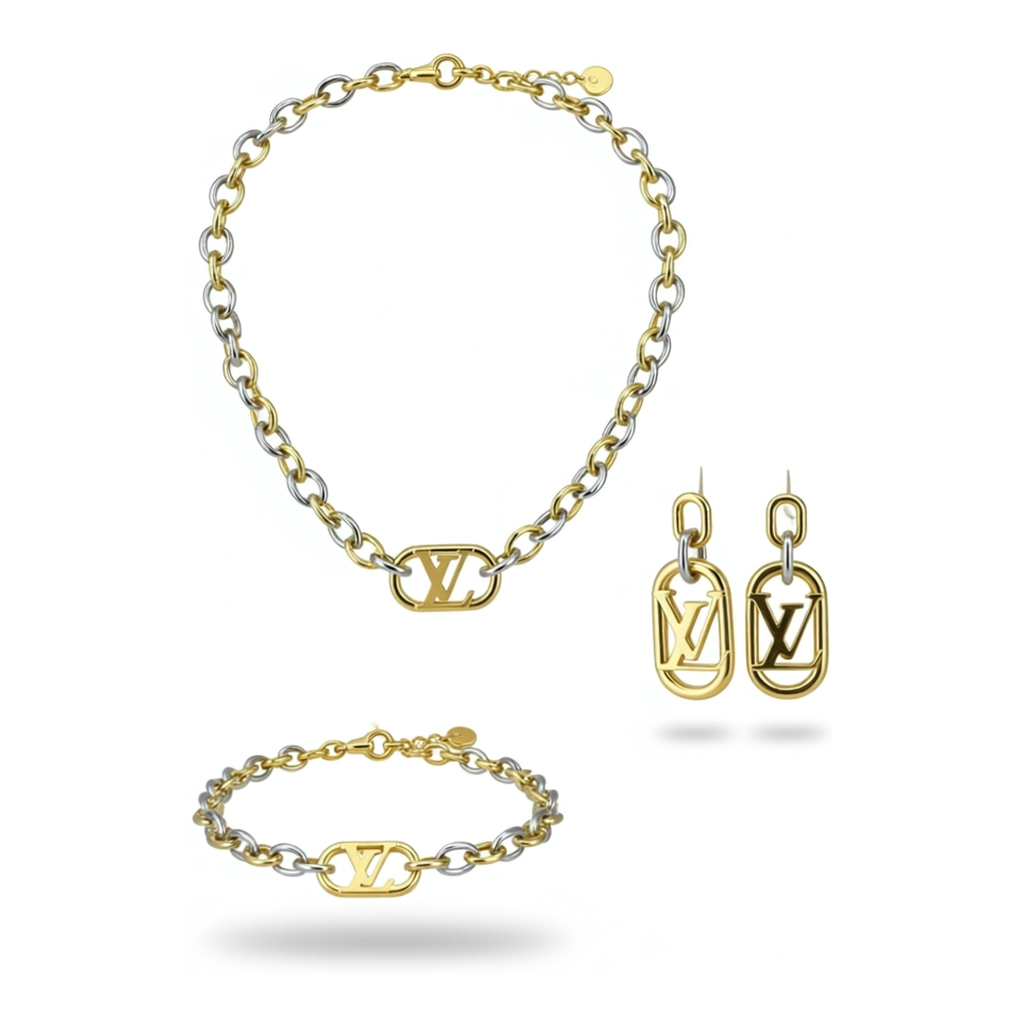 Two-Tone Link Necklace, Bracelet & Earring Set