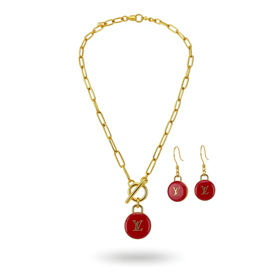 Red Monogram Toggle Necklace & Earring Set