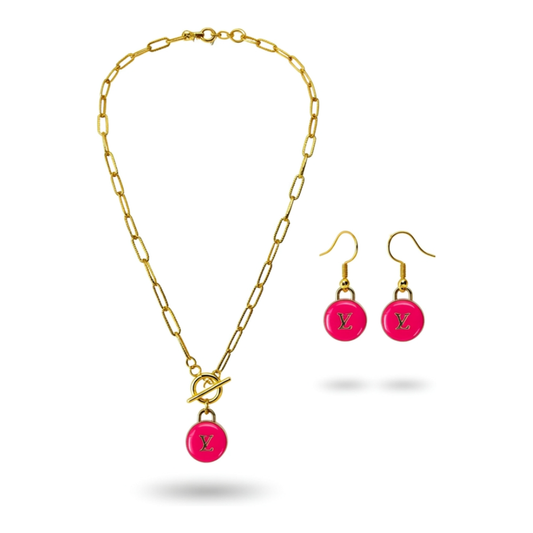 Hot Pink Monogram Toggle Necklace & Earring Set
