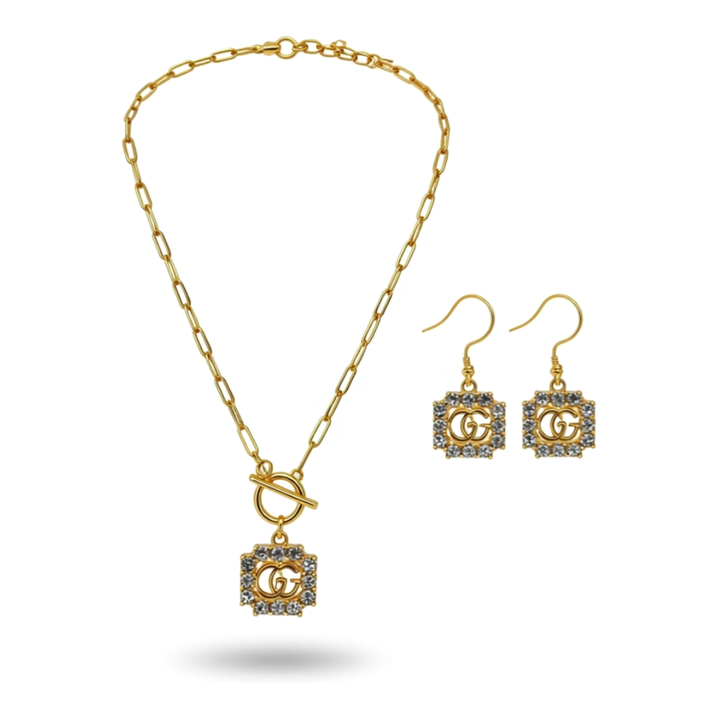 Rhinestone Frame Toggle Necklace & Earring Set