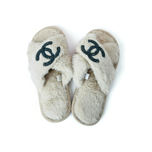 Tan & Gray Bling Faux Fur Slippers