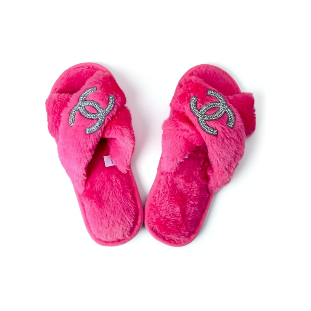 Hot Pink Bling Faux Fur Slippers
