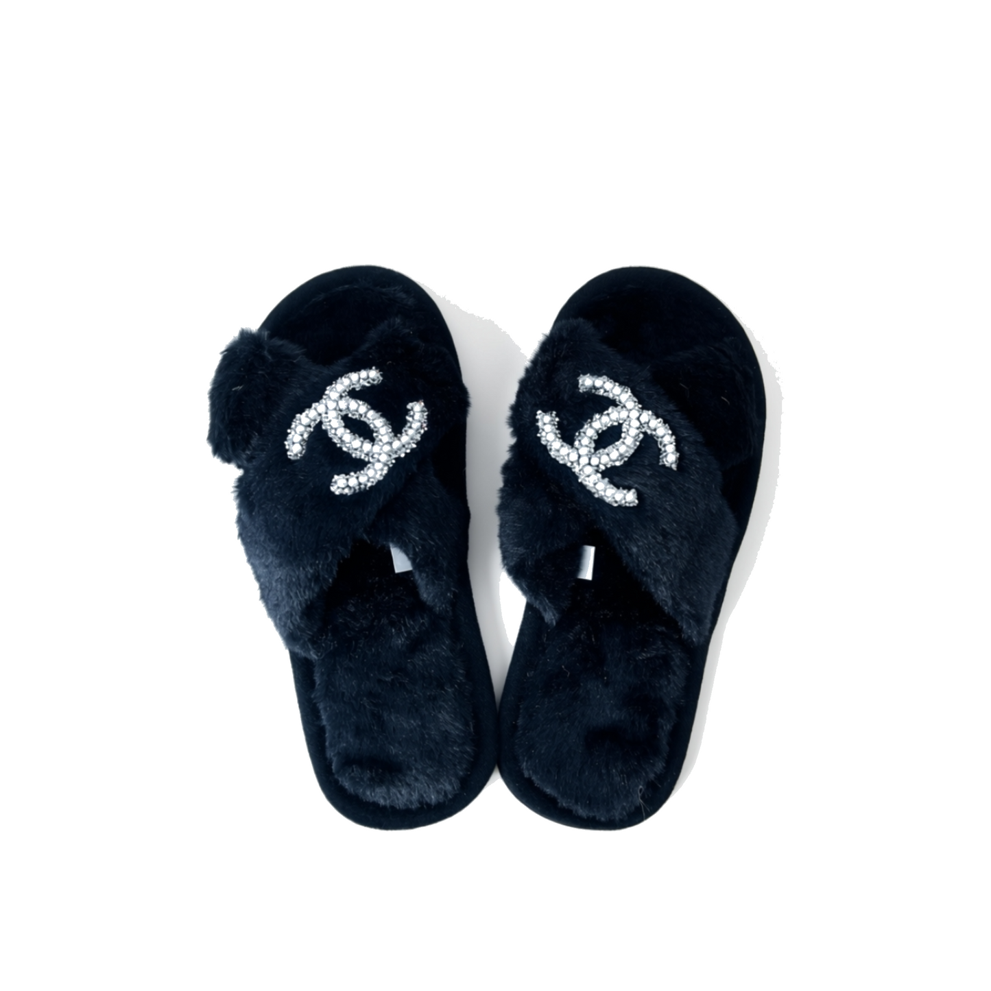 Black & Pearl Bling Faux Fur Slippers