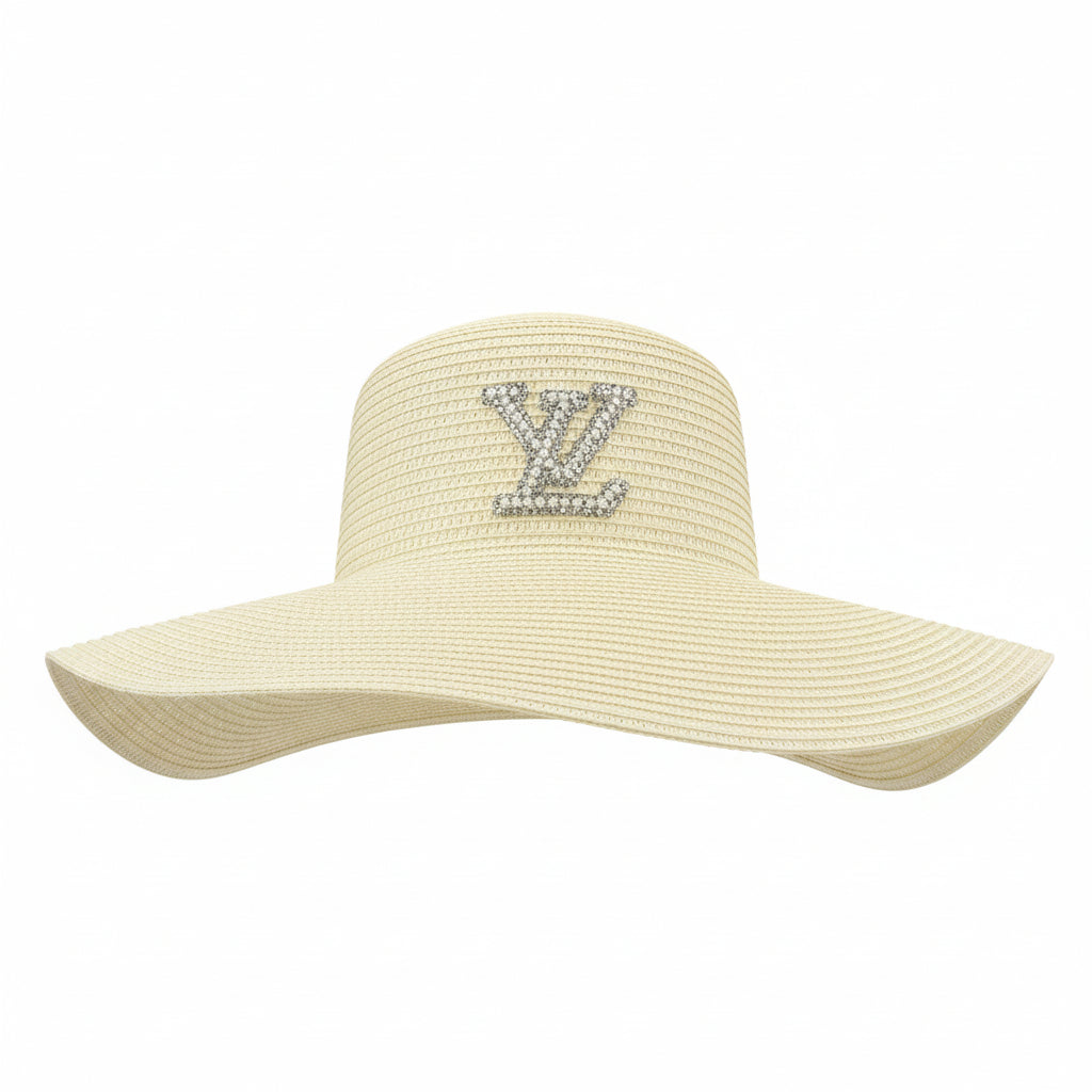 Ivory Floppy Brim Sun Hat with Rhinestone Monogram
