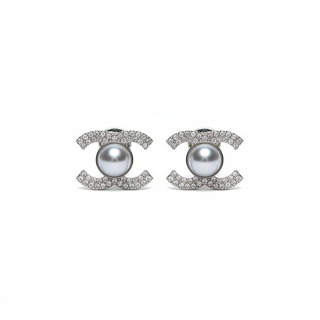 Pearl Center Pave Stud Earrings