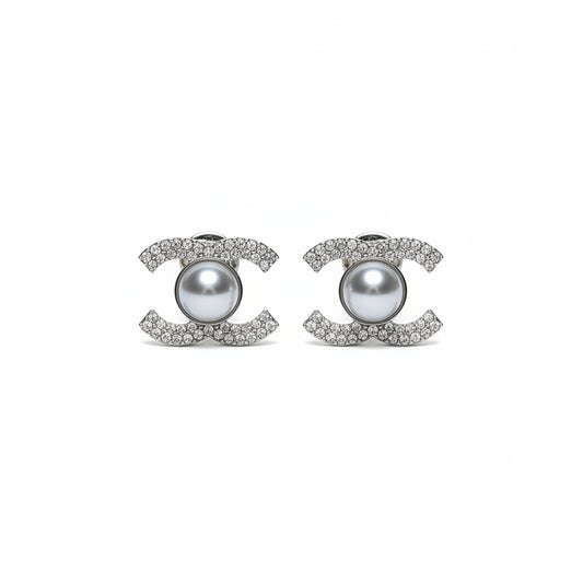 Pearl Center Pave Stud Earrings