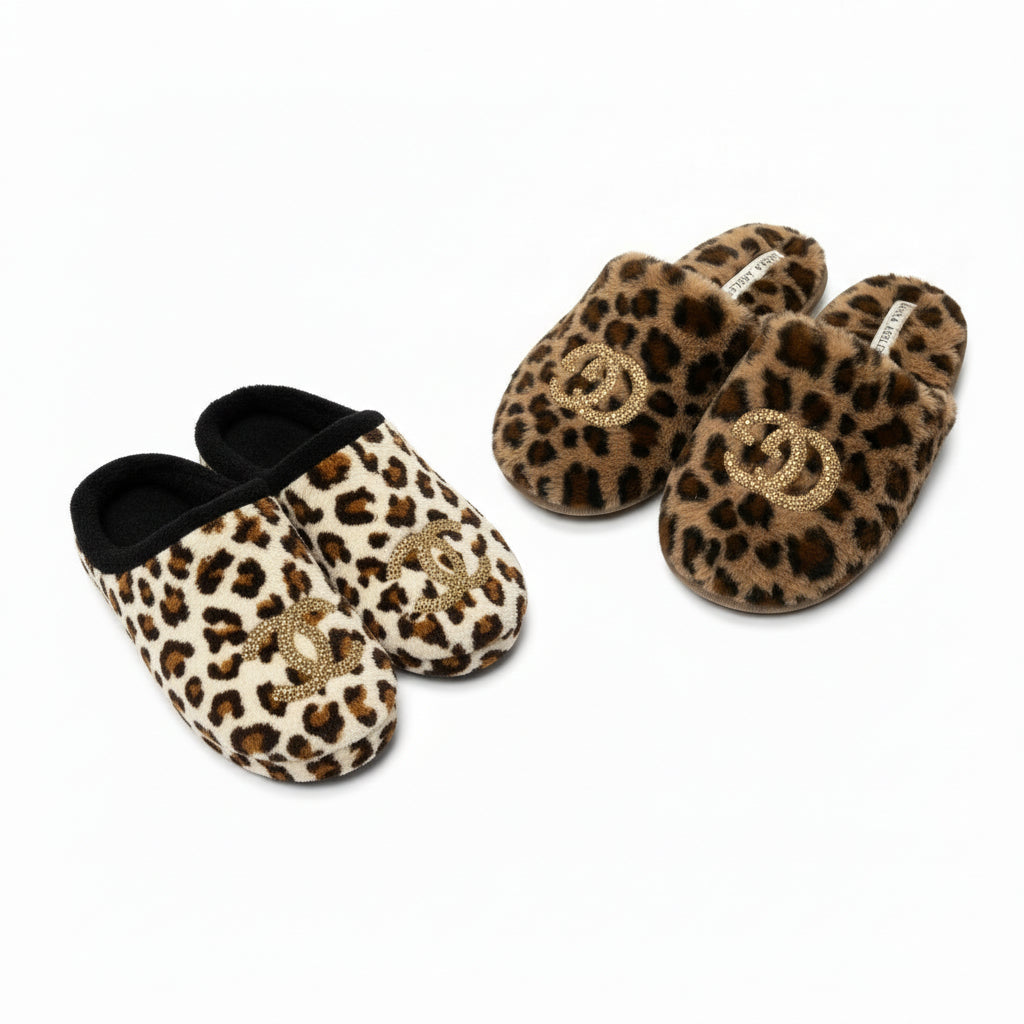 Fuzzy Leopard Print Slippers with Your Choice of Bling
