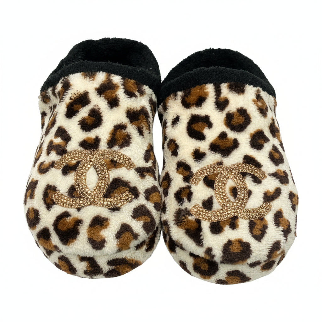 Fuzzy Leopard Print Slippers with Your Choice of Bling