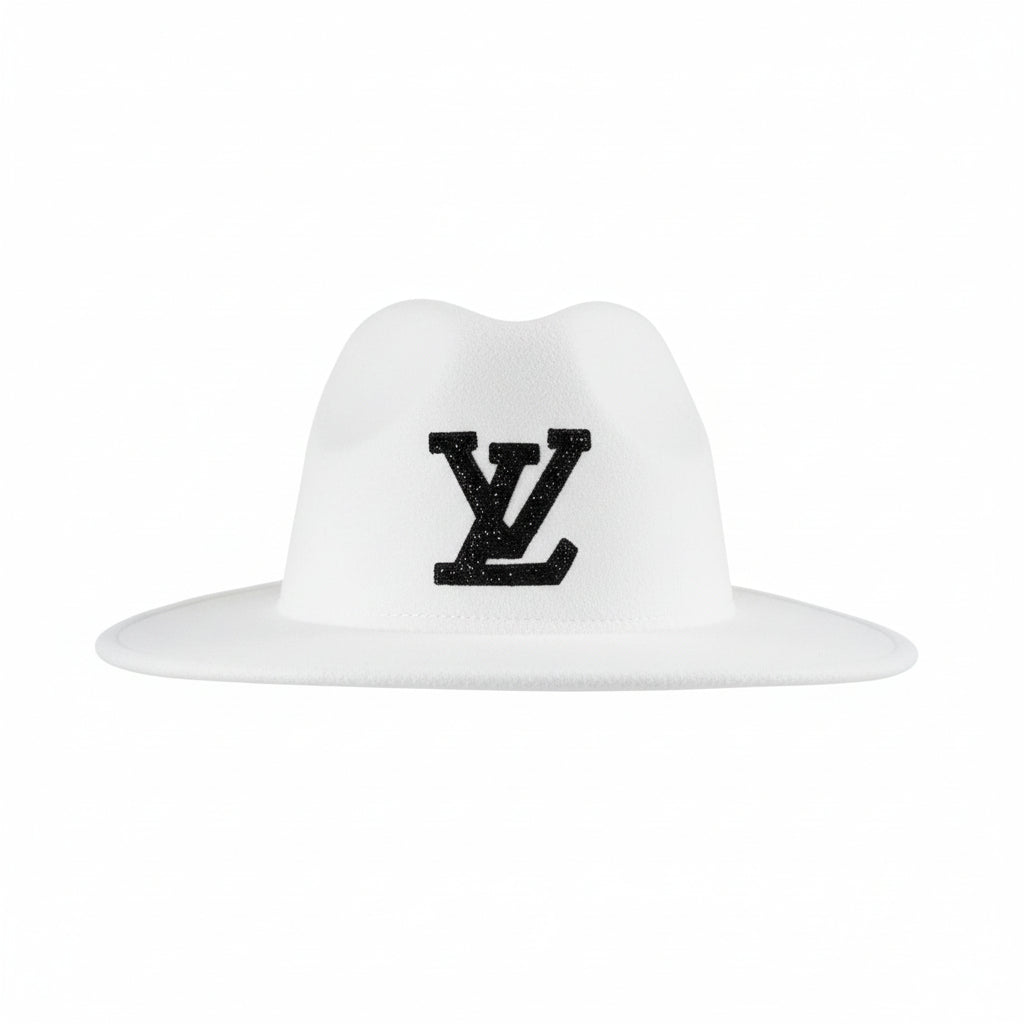 White Felt Fedora with Black Bling Monogram