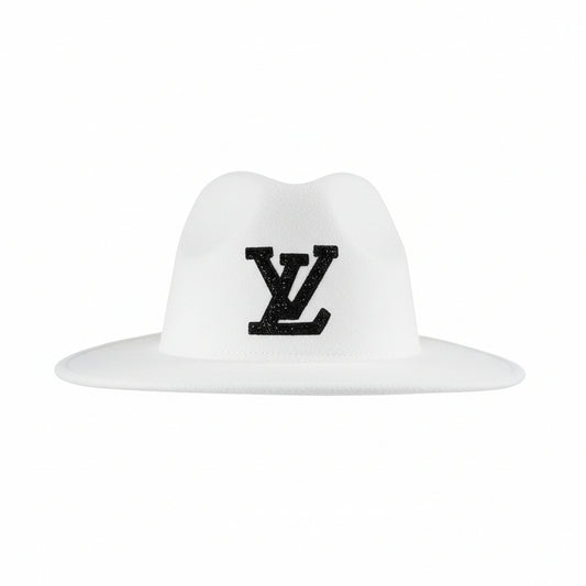 White Felt Fedora with Black Bling Monogram